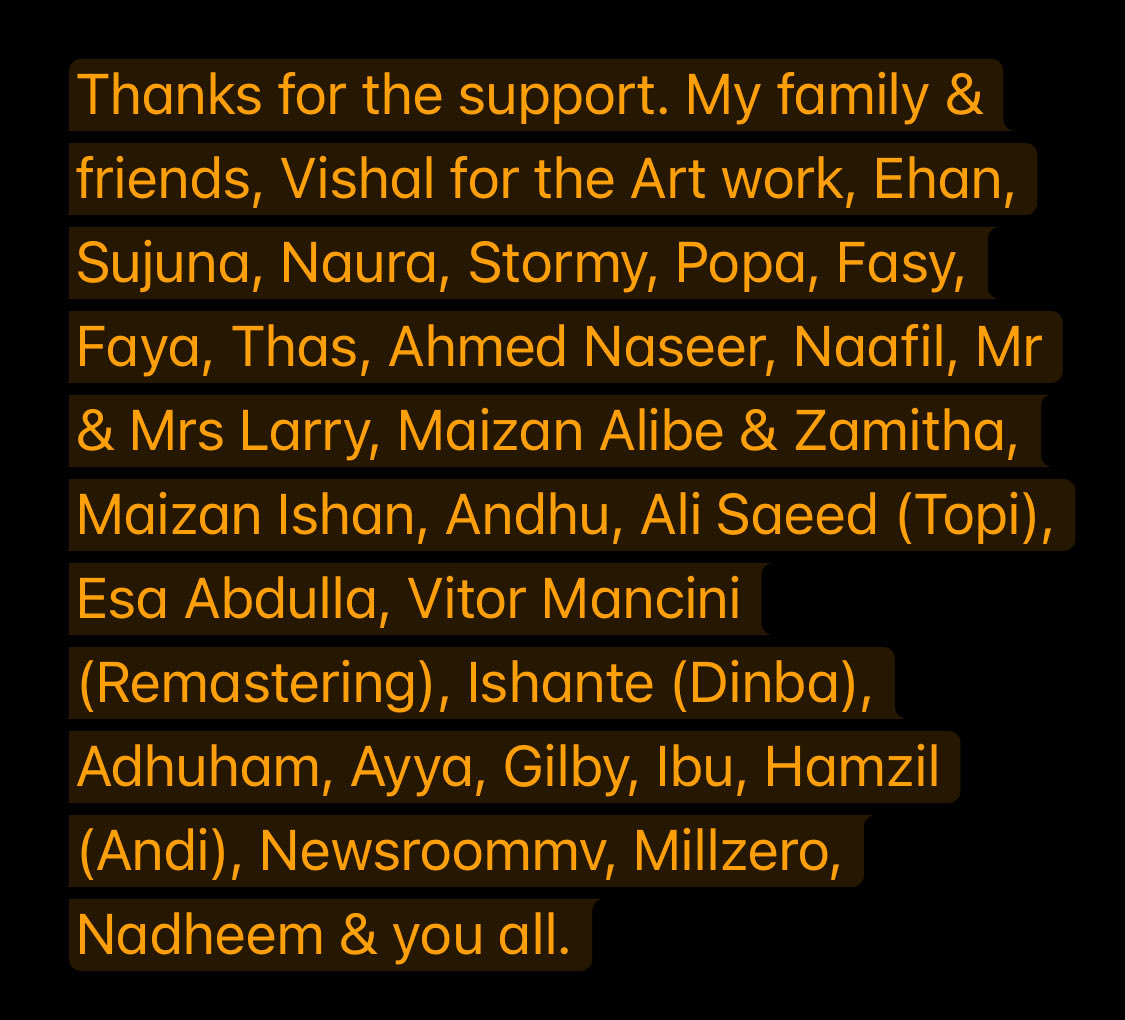 mnaweez's tweet image. It’s been a long journey—here’s my 2nd music album “Adhulu Baathil” with new tracks 18, featuring a few amazing local artists. Hope you enjoy it! ft. @FASYLIVE Popa, Stormy, Naura, Ehan, Suju 🎶🇲🇻 

open.spotify.com/album/4xbgnMZE…