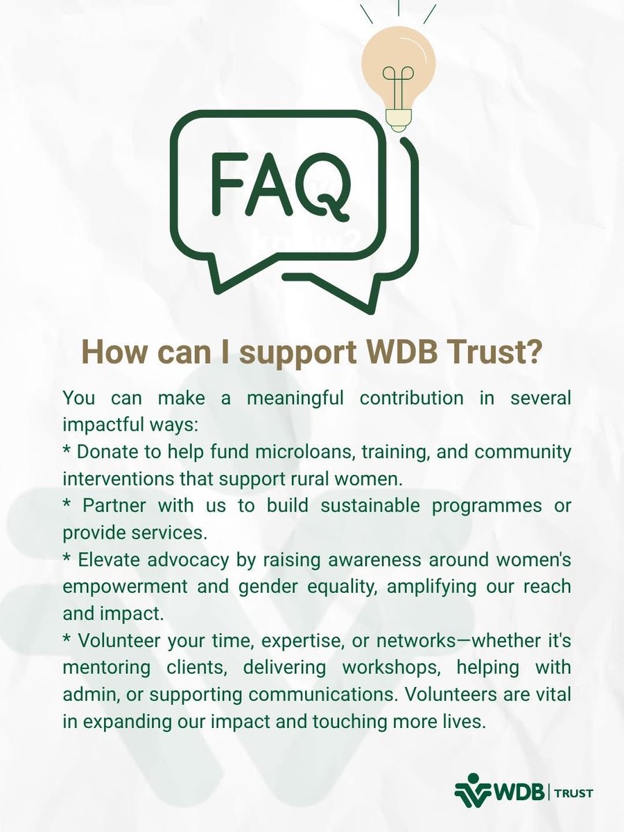 Are you curious about WDB Trust? Great! We have rounded up three of our most asked questions to help you understand our journey, our impact and how you can be part of it.

#FAQs #WBDTrust