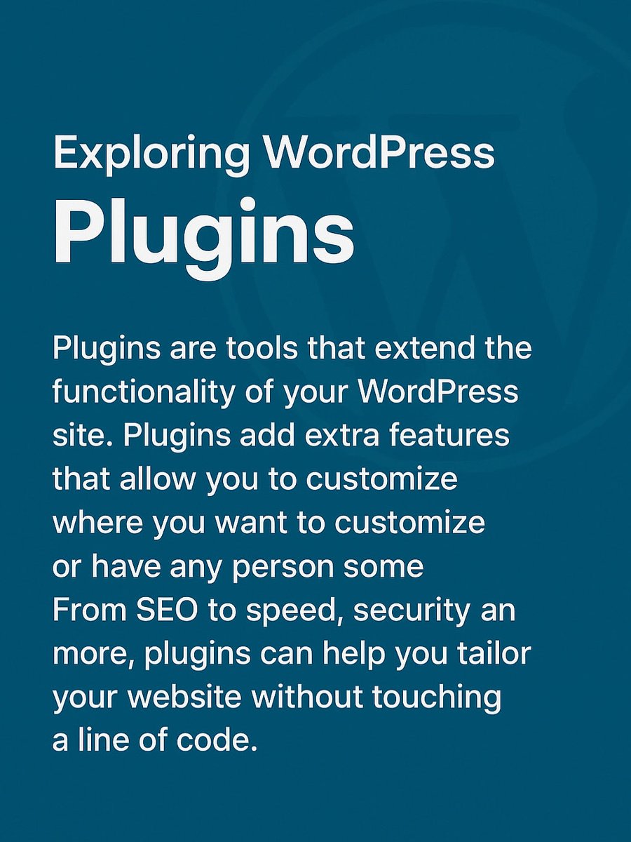 Dexor_01's tweet image. Today I learned about WordPress Plugins tools that add extra power and features to your website.
From SEO to speed, plugins help you customize your site without touching code! ⚡️

#WordPressJourney #LearnWordPress #WebDesign #DexorDesigns #FreelanceDesigner #WebsiteTips