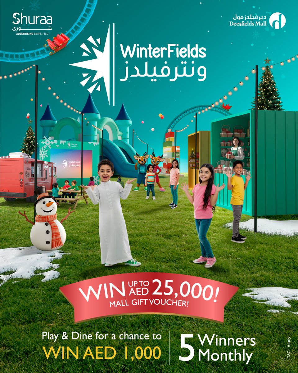 DeerfieldsMall's tweet photo. متعة وطعام وتسوق بانتظاركم في وينترفيلدز! ☃💙
عيشوا الوناسة وادخلوا السحب على جوائز توصل لـ 25,000 درهم!
Fun, food & shopping await you at Winterfields!
Win up to AED 25,000 — 5 winners every month!
#Winterfields #DeerfieldsMall #AbuDhabi #UAE https://t.co/N1mY62XoNJ