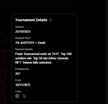 Alert: <a href="/Artery_Chain/">Artery Chain</a>
 Leaderboard Just Dropped on Xeet! Straight fire  0.5% of $ARTERY total supply locked in for the top ranks, hitting your wallet fully unlocked right at TGE.  Top 100? That's your golden ticket to the full slice, no vesting drama.  My two cents: These flash