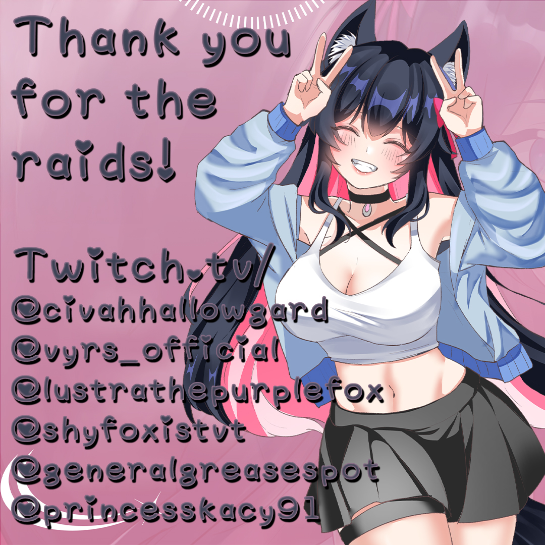 Much fun playing Satisfactory with <a href="/ShyfoxistVT/">ShyFoxist | VTUBER</a> last night! Thank you and everyone else for the raid love! <a href="/CivahHallowgard/">Civah Hallowgard 🎩👁️</a> <a href="/killer66770691/">VYRS_Official</a> <a href="/VioletLustrous/">lustra the purple fox | vtuber</a> General Greasepot &amp; Princess Kacy. Do go show these lovely people some love back if you get the chance! <3