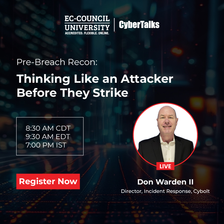 EC_Council_Univ's tweet image. We Are LIVE!

Join Don Warden II NOW for Pre-Breach Recon: Thinking Like an Attacker Before They Strike. 

Live Time: 8:30 AM CDT | 9:30 AM EDT | 7:00 PM IST
Don’t miss out. Join here:  attendee.gotowebinar.com/register/46787…

#ECCU #CyberSecurity #LiveWebinar #PreBreachRecon #InfoSec