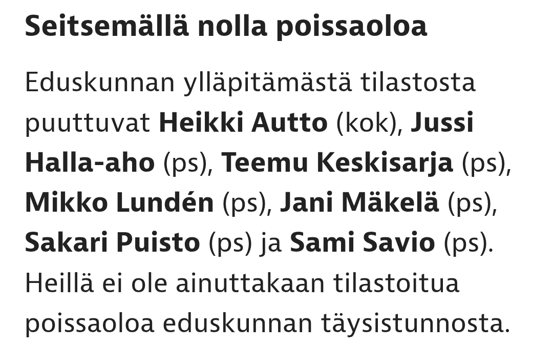 Eniten ja vähiten poissaoloja. Vihreitä ei selkeästi eduskuntatyö paljoa kiinnosta, eikä liiemmin vasureita. Määrällisesti eniten poissaoloja oli sdp:n nousevalla tähdellä Eveliina Heinäluomalla.