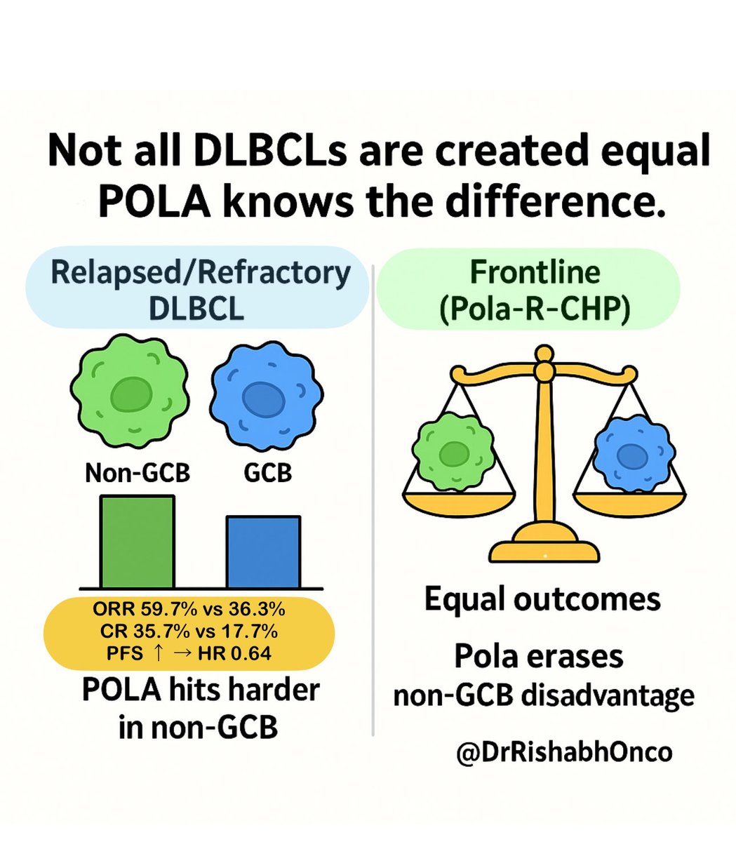🧬 Not all DLBCLs are created equal - POLA knows the difference.

📊 Real-world (n = 740, 2015–24)
Polatuzumab used in 
🔹Frontline (305) 
🔹R/R (435)
COO classified by Hans IHC algorithm

🔥 R/R LBCL:
•ORR 59.7% vs 36.3% ➜ OR 2.6 (p&lt;0.0001)
•CR 35.7% vs 17.7% ➜ OR 2.6