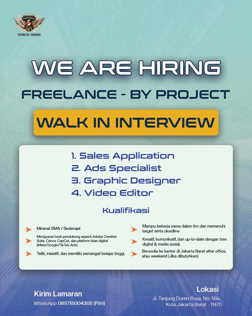 zarfix_ai's tweet image. 🚀 URGENT HIRING!
Saat ini, kami sedang membuka beberapa posisi dengan Min. Pendidikan SMA, diutamakan bisa segera bergabung dan berdomisili di Jakarta! 
Langsung kirim CV & Portfolio (WAJIB) ke 0857-1500-4305 (Ibu Fitri)
#lokercot #LokerJakarta #LokerSMA