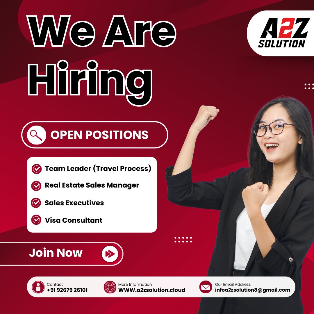 SunderBhati01's tweet image. 🌟 We Are Hiring! 🌟

A2Z Solution – Your Ultimate Placement Partner

📢 Open Positions:
✨ Team Leader (Travel Process)
🏢 Real Estate Sales Manager
💼 Sales Executives
🌍 Visa Consultant

#A2ZSolution #WeAreHiring #JobOpening #HiringNow #JoinNow #CareerOpportunity