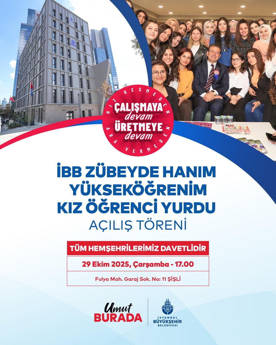 İstanbul'un kalbi Şişli’de Halaskar Gençlik ve Yaşam merkezi projemizde yer alan, öğrencilere güvenli ve modern bir yaşam alanı sağlayacak İBB Zübeyde Hanım Yükseköğrenim Kız Öğrenci Yurdu tamamlandı.

Yurdun açılış töreni CHP Genel Başkanı Özgür Özel, İBB Başkan Vekili Nuri