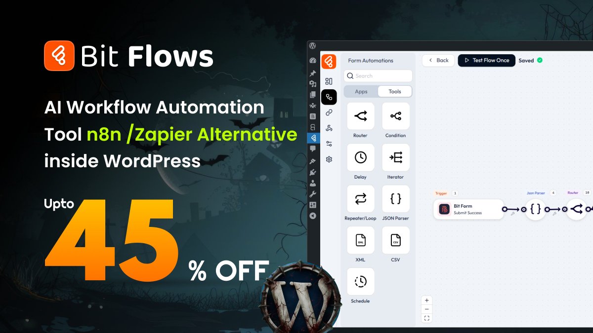 bitappspro's tweet image. Get up to 45% OFF on #BitFlows, the #selfhosted, #nocode #Workflow #automation tool — an #affordable alternative to #Zapier &amp;amp; #n8n! 

Deal Duration: 25th Oct – 2nd Nov  
Grab the deal: bit-flows.com/pricing/ 

🎃 Don’t miss out — transform your #workflows this #Halloween2025!