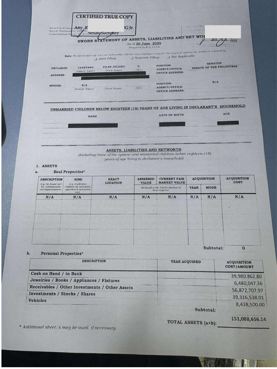 News5PH's tweet image. SALN NI SEN. PIA CAYETANO

Inilabas ni Sen. Pia Cayetano ang kaniyang Statement of Assets, Liabilities, and Net Worth (SALN) as of June 2025.

Mayroong P128,294,965.73 net worth si Cayetano, base sa SALN report. I via #MOJO Marymon Reyes