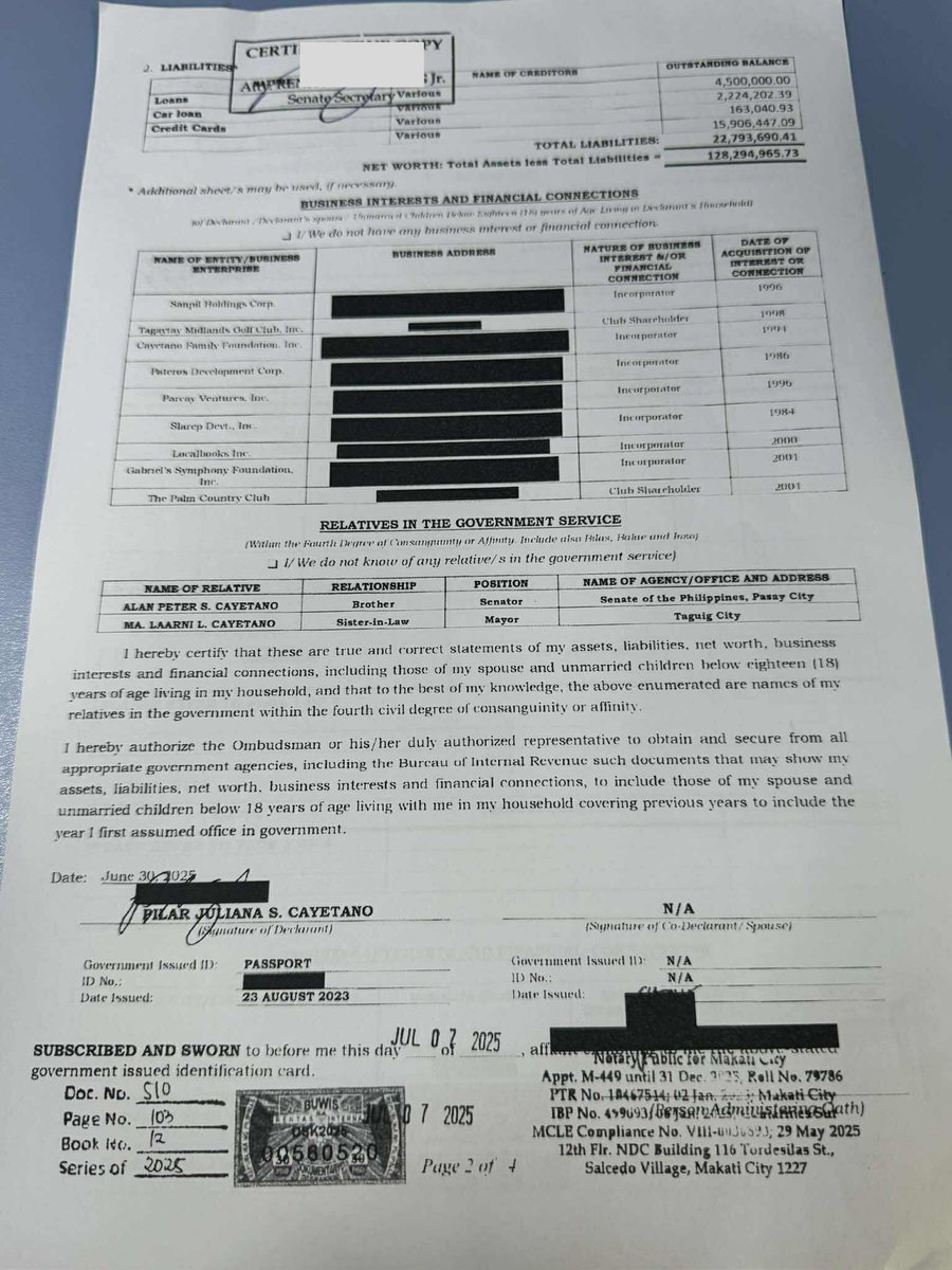 News5PH's tweet image. SALN NI SEN. PIA CAYETANO

Inilabas ni Sen. Pia Cayetano ang kaniyang Statement of Assets, Liabilities, and Net Worth (SALN) as of June 2025.

Mayroong P128,294,965.73 net worth si Cayetano, base sa SALN report. I via #MOJO Marymon Reyes