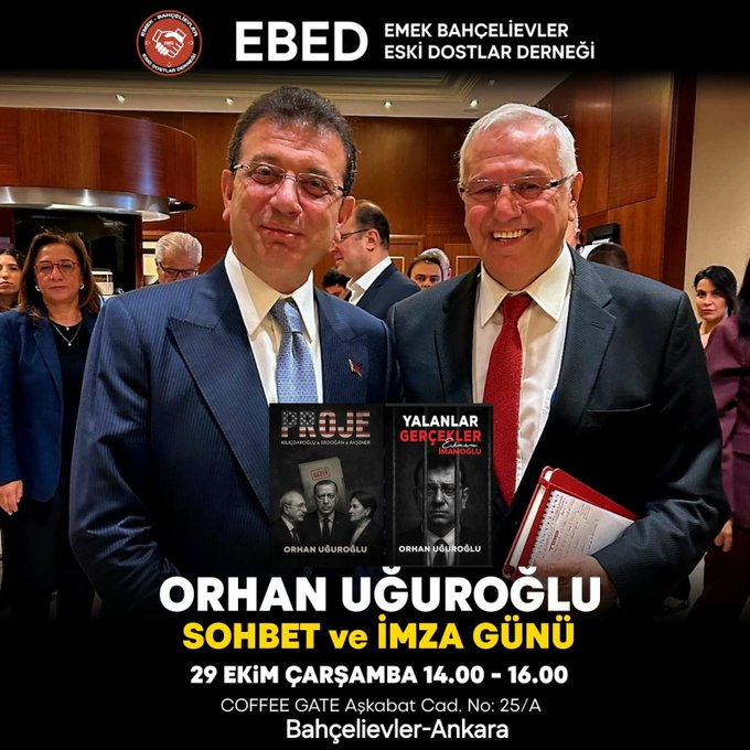 BASINDA 55YIL SÖYLEŞİ ve KİTAP İMZA GÜNÜ  29 Ekim Saat 14.oo-16.oo  Gazeteci
<a href="/OrhanUguroglu/">Orhan Uğuroğlu</a> sizlerle  #Bahçelievler 7.cadde Coffee Gate (Migros yanı) 25/A
<a href="/mansuryavas06/">Mansur Yavaş</a> <a href="/hcanguner/">Hüseyin Can Güner</a> <a href="/cankayazafere/">Zafer Partisi Çankaya İlçe Başkanlığı</a>
<a href="/CHPCankaya/">CHP ÇANKAYA İLÇE BAŞKANLIĞI</a> <a href="/CHPankarailbsk/">CHP Ankara İl Başkanlığı</a>
<a href="/ekrem_imamoglu/">Ekrem İmamoğlu</a> <a href="/zaferpartisi/">Zafer Partisi</a> <a href="/iyiparticanka/">İYİ Parti Çankaya İlçe Başkanlığı</a>