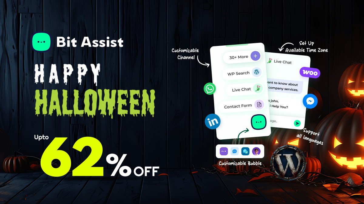 bitappspro's tweet image. 🎃 Halloween Sale on #BitAssist! 

Get up to 62% OFF on Bit Assist, the top WordPress chat widget plugin for #WordPress! 
  
Deal Duration: 25th Oct – 2nd Nov  
Grab the deal: bitapps.pro/bit-assist/#pr…

#HalloweenSale #Automation #SocialMedia #WPPlugins