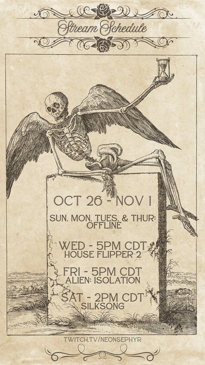 Schedule for the last week of October!

Startin' off with some of the Scooby-Doo DLC for House Flipper 2 on Wednesday, more Alien: Isolation on Friday, and then Silksong and maybe other things on Saturday.

Can't wait to see everyone~

twitch.tv/neonsephyr