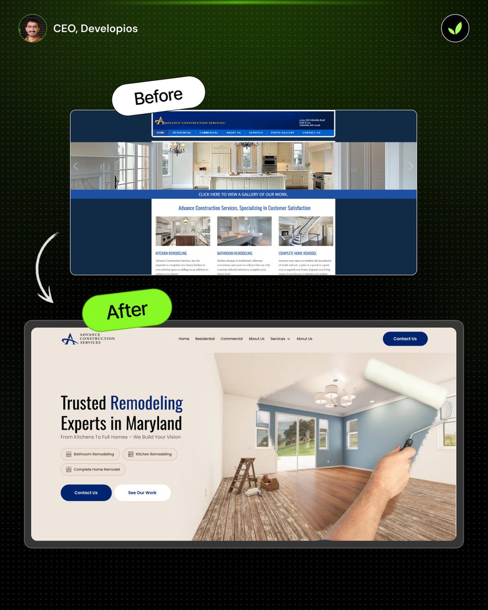 faraz___dev's tweet image. 🚧 Outdated site, underwhelming results.
✅ We rebuilt Advance Construction Services’ website to be clear, mobile-friendly &amp;amp; lead-focused.
Now it works as hard as they do.

Is your site doing the job?

Let’s talk → cro@developios.com
#WebDesign #UXDesign #Developios