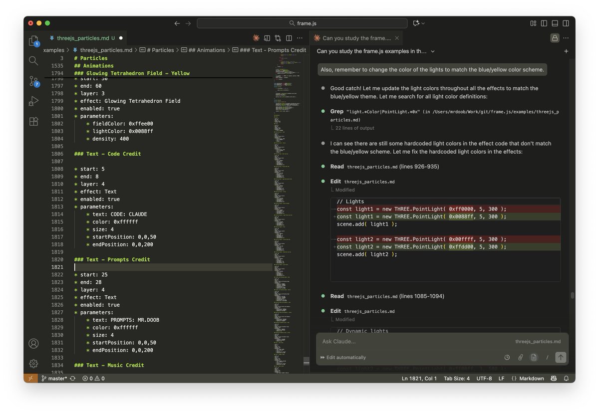mrdoob's tweet image. Some months ago I realized that by changing the frame.js script format from json to markdown I could solve all messy git diffs.

Today I realized that now that I&apos;m using markdown, I can vibe code demos 🤓

#demoscene #aislop