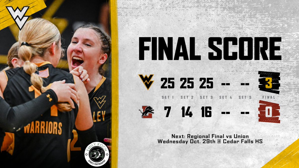 IGHSAU Class 2A Region 6 - Semifinal
🏐 | Final
#12 Wapsie Valley - 3
Lisbon - 0
(25-7; 25-14; 25-16)

The Lady Warriors will take on Union on Wednesday 10/29 @ Cedar Falls in the regional final!
#WarriorPride #WVVB #iahsvb