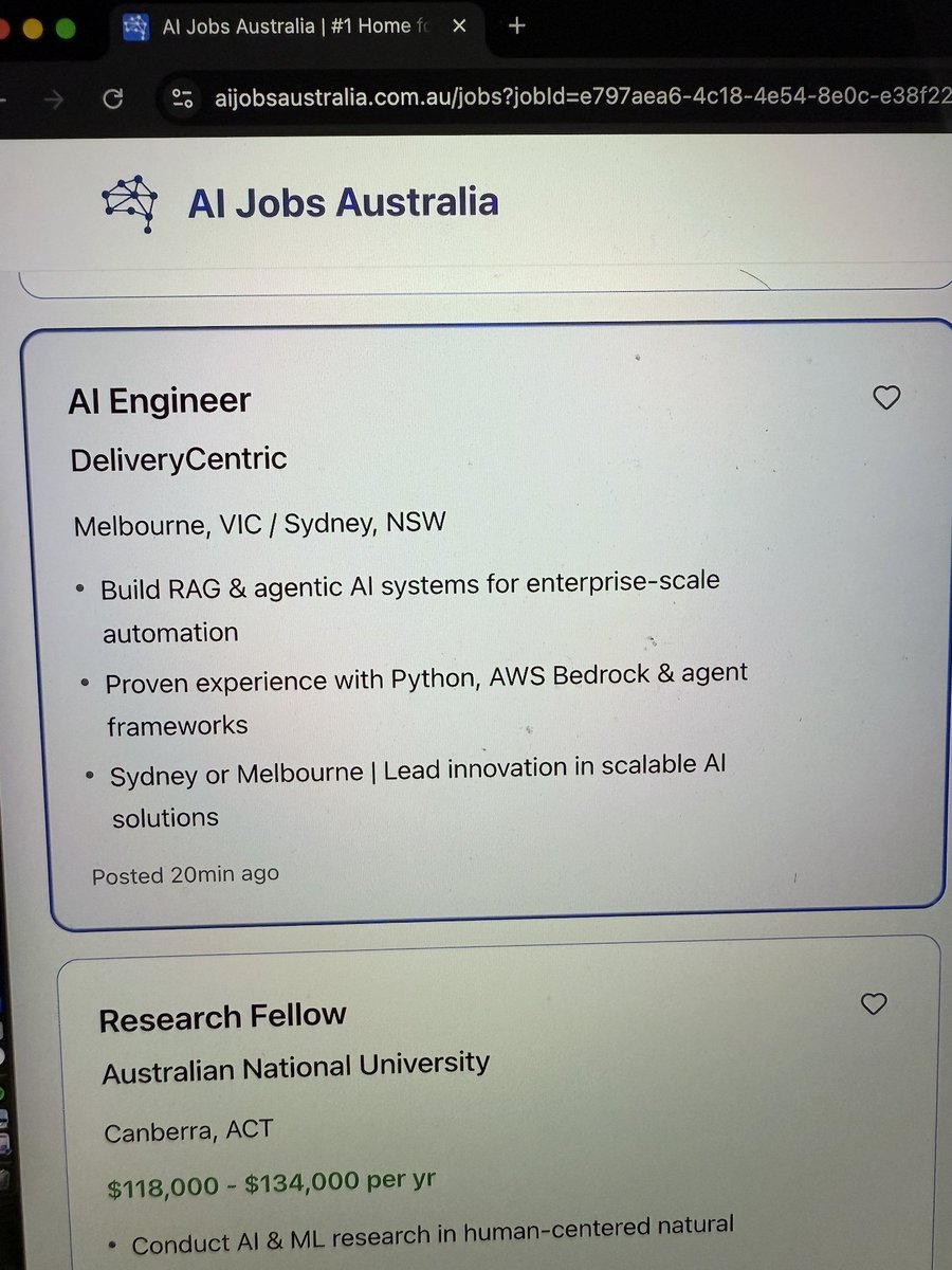 aijobsaustralia's tweet image. DeliveryCentric is hiring an AI Engineer in Sydney or Melbourne, and it’s one of those roles that actually sits at the frontier of how AI is being built now.    

You’d be developing the same kind of architectures powering tools like GPT and Claude.

Details at: @aijobsaustralia