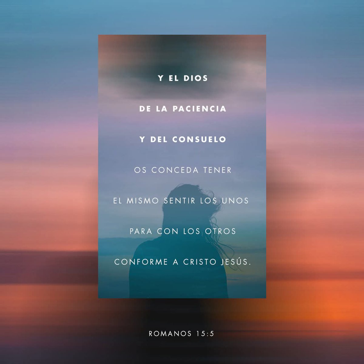 Y el Dios 
de la paciencia 
     y del consuelo 
   os conceda tener 
el mismo sentir los unos 
   para con los otros 
conforme a Cristo Jesús.

Romanos 15:5