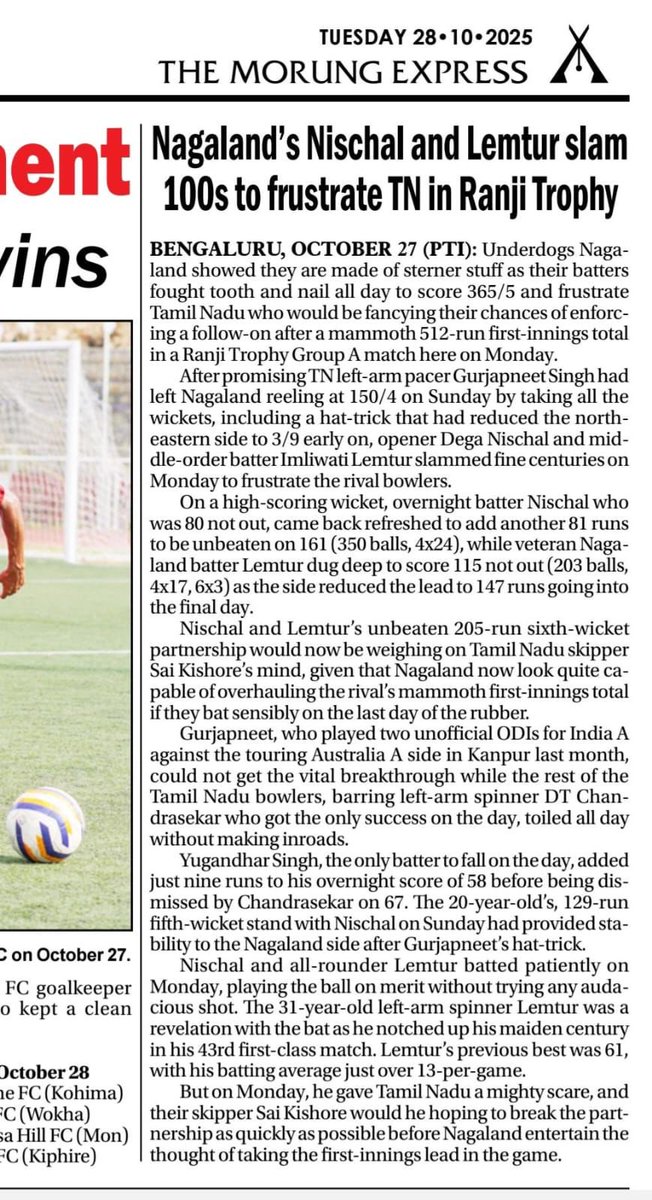 What an excellent show of grit and determination by the boys. Featured in the state and national print medias. Well done boys!! <a href="/CmoNagaland/">CMO Nagaland</a> <a href="/abumetha/">abu metha</a> <a href="/JayShah/">Jay Shah</a> <a href="/lonsaikia/">Devajit LON Saikia</a> <a href="/mamonetc/">MAMON MAJUMDAR</a> <a href="/BCCIdomestic/">BCCI Domestic</a> <a href="/Nagaland_CA/">Nagaland Cricket Association</a>