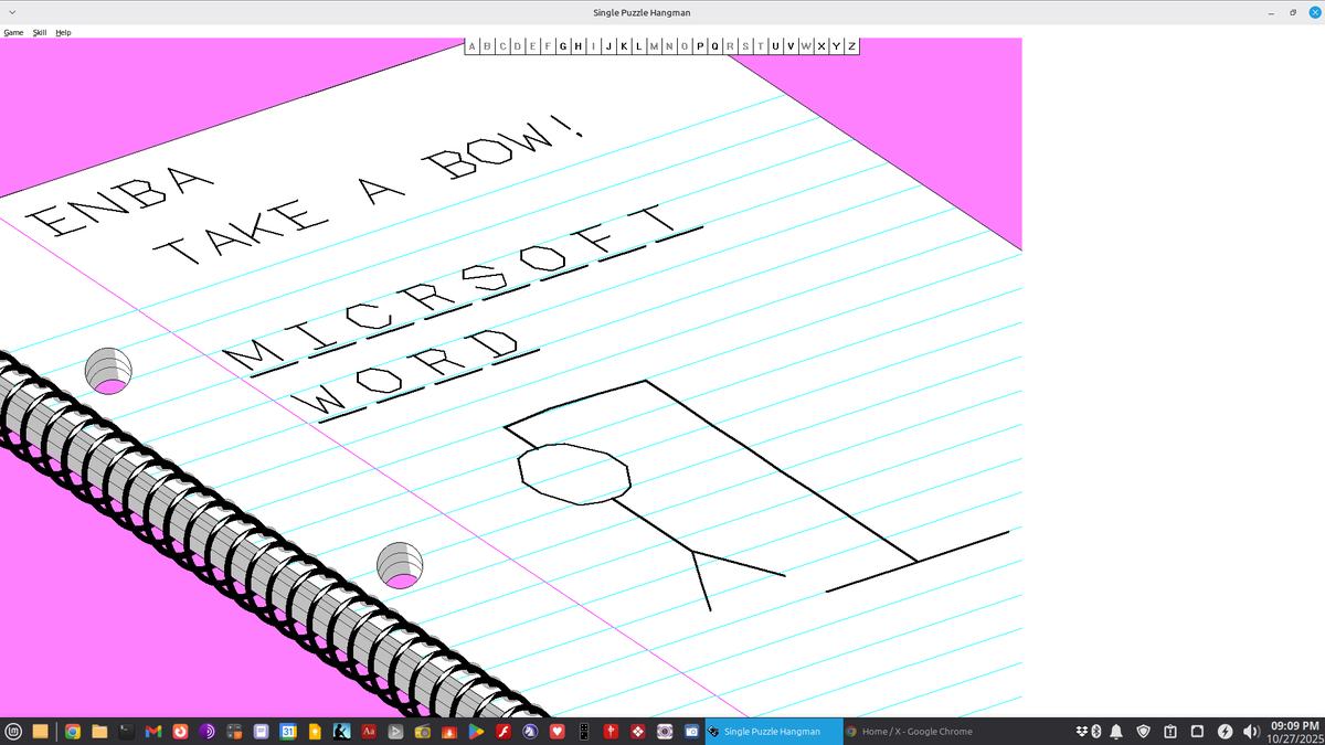 OhmsLaw78's tweet photo. LOL!
Very very very old Windows game that I download from AOL years ago over dial-up. It's the best Hangman game I've played. And it runs great under wine on Linux. #Gaming #Linux #LinuxMint #XFCE #Hangman #AOL #dialup https://t.co/q9U7XevaHR