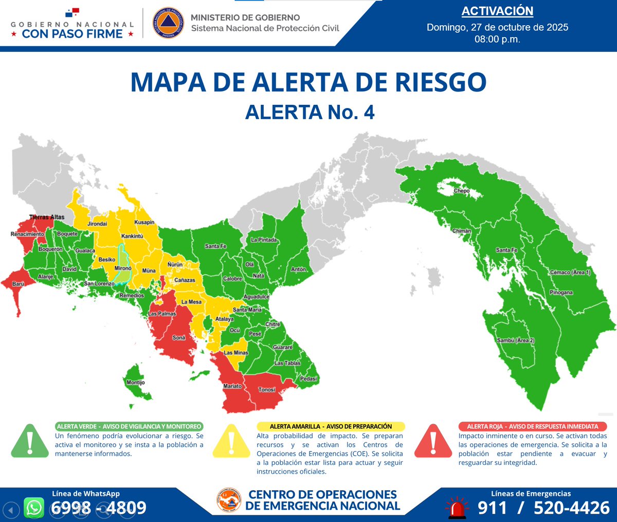 #Comunicado | Alerta Roja|para el Sur de Veraguas, Los Santos y Chiriquí y alerta amarilla para la comarca Ngäbe Buglé ante el incremento de lluvias, desbordamiento de ríos y deslizamientos de tierra.