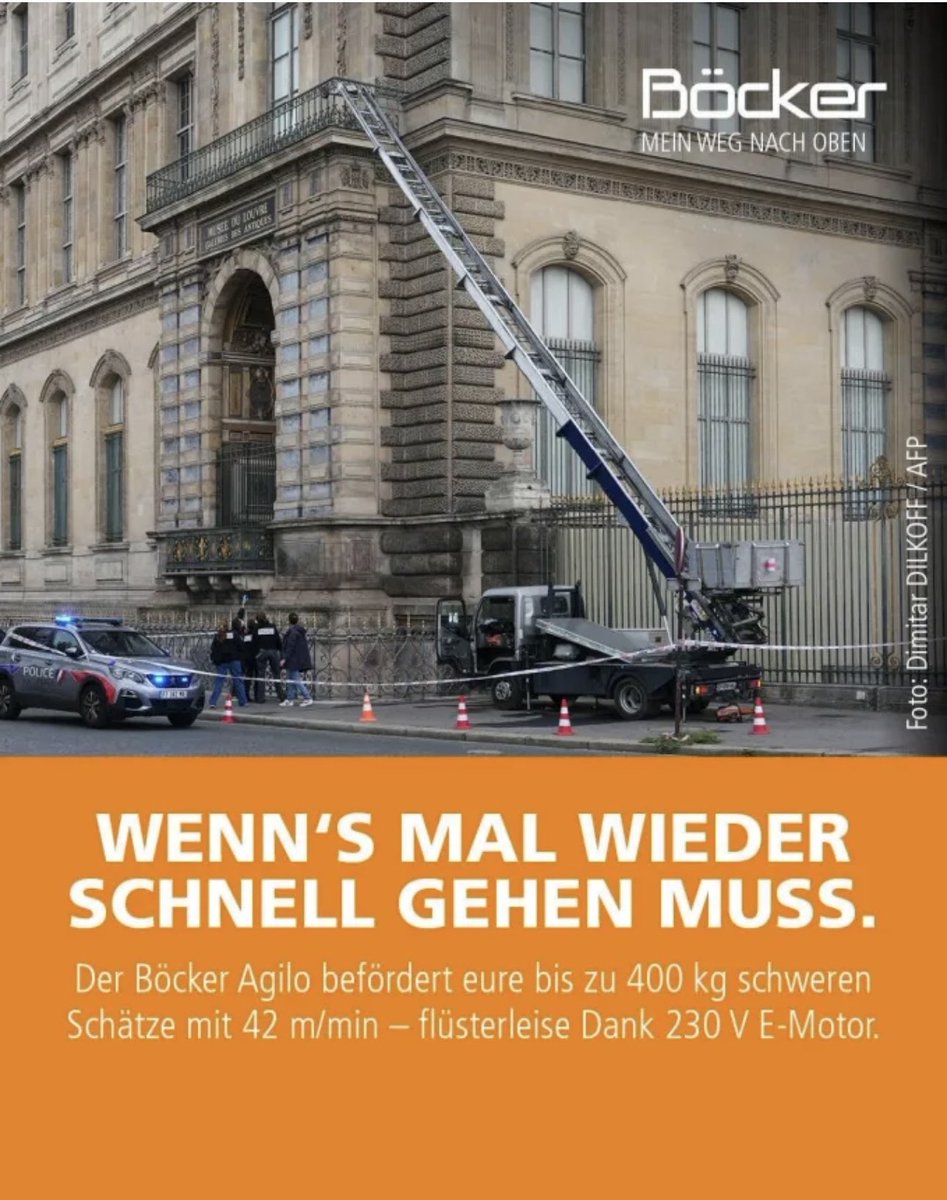 The German crane company involved in latest heist drops clever ad: 

“The next time you need things to move quickly. The Böcker Agilo transports your treasures weighing up to 400kg at 42 meters per minute – whisper-quiet thanks to 230 V E-motor.”

Always capitalize on trends!