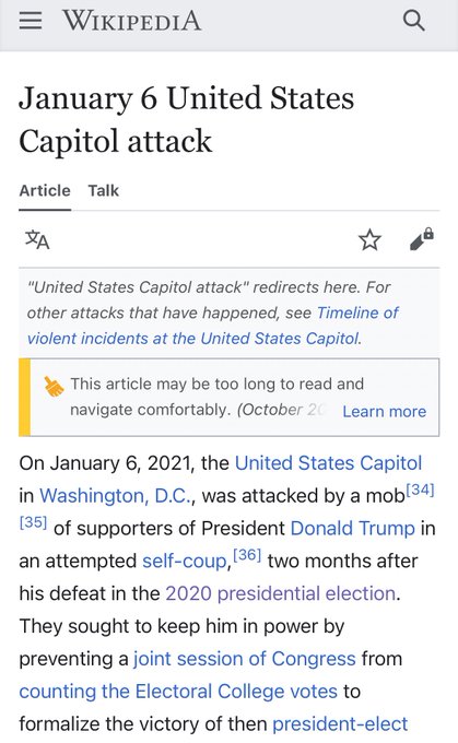 Screenshot of a Wikipedia mobile page for 'January 6 United States Capitol attack,' showing the article title, navigation elements, a redirect note, a length warning, and the introductory paragraph describing the event as an attack by a mob in an attempted self-coup.