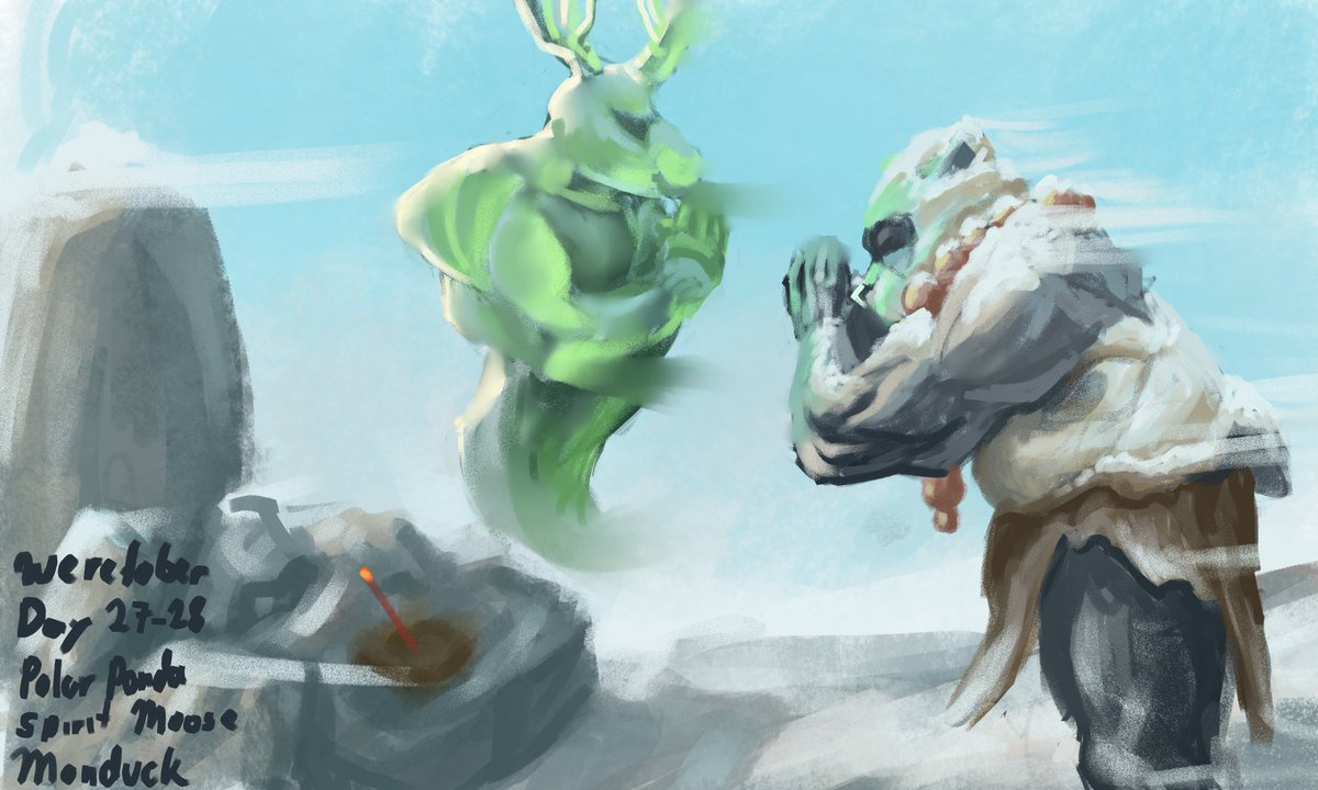 Another catch up day for #Weretober2025 by <a href="/TFiddlerArt/">Taran Fiddler</a> Day 27 &amp; 28 Spirit moose X Polar Panda.