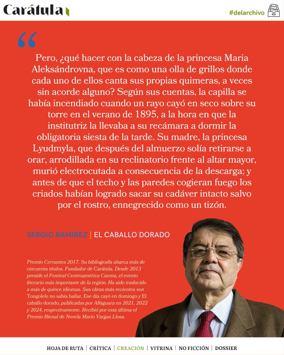 Felicitamos al fundador de esta revista, <a href="/sergioramirezm/">Sergio Ramírez</a>, por el reconocimiento recibido por parte de la <a href="/CVargasLlosa/">Cátedra Vargas Llosa</a>. 

Compartimos #delarchivo una muestra de 'El caballo dorado', que le valió tan prestigioso galardón.

👉caratula.net/adelanto-de-el…