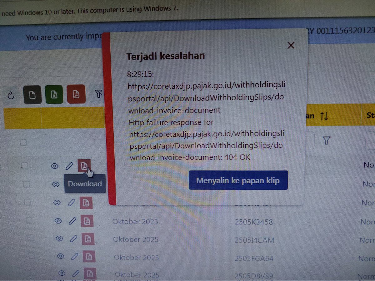 DjenaGunawan's tweet photo. @kring_pajak selamat pagi, mengapa saat download bupot tidak dan muncul notif spt terlampir ya? Terima ksh https://t.co/yqll48D7TI