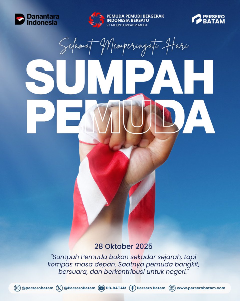 97 tahun Sumpah Pemuda, semangatnya tak pernah padam.
Mari terus berkolaborasi, berinovasi, dan berkarya untuk Indonesia yang maju dan berdaya saing. 🇮🇩
#SumpahPemuda2025 #PemudaBersatuIndonesiaMaju #PerseroBatam