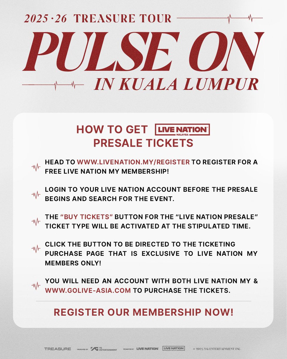 🎟 Mastercard Presale: Wed, 12 Nov, 11am-11:59pm
 
🎟 Live Nation Presale: Thurs, 13 Nov, 11am - 11:59pm
 
🎫 General On-Sale Fri, 14 Nov, 11am onwards
 
*The waiting room for the queue will start 1 hour before the Presale &amp; General On-Sale.
