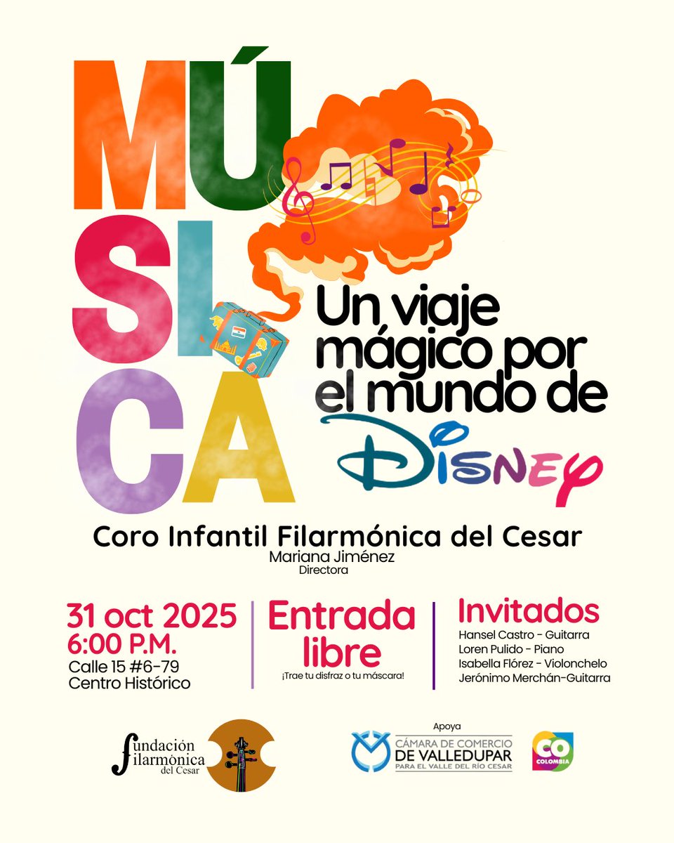 El Coro Infantil de la Filarmónica del Cesar presenta ‘Un viaje mágico por el mundo de Disney’, una puesta en escena llena de fantasía, música y alegría. 🪄💫
🗓️ Viernes 31 de oct
🕕 6:00 p.m.
📍 Sede de la Filarmónica del Cesar
🎟️ Entrada libre
🦸‍♂️ ¡Trae tu disfraz o tu máscara!