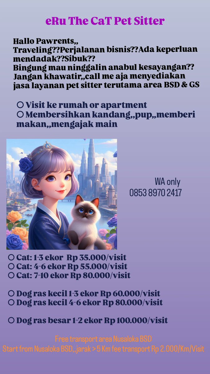 CathKYU_'s tweet image. Pagi pawrents area BSD dan GS..yg perlu jasa pet sitter saya siap visit ke rumah or apart..

Yg mau NATARU yuk amankan slot dr skr..

#petsitter #catsitter #dogsitter #dokterhewan #nataru