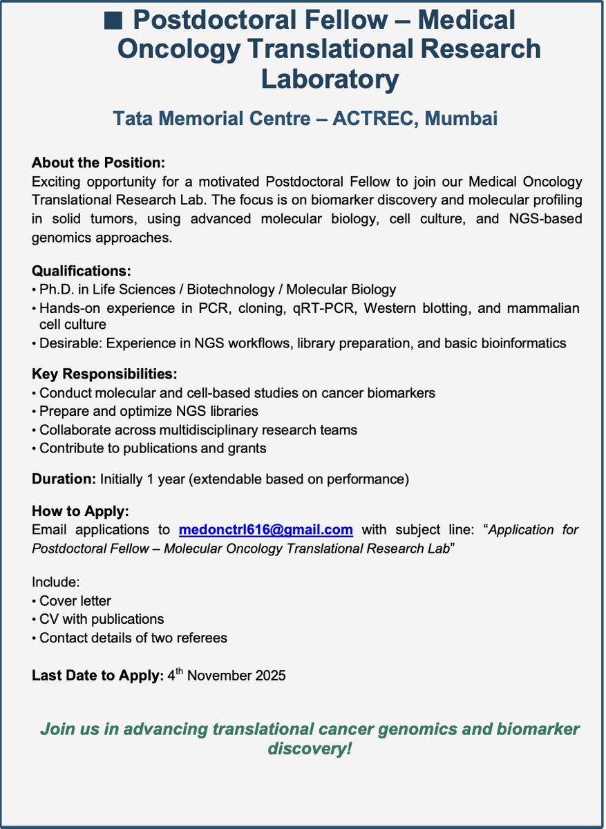 We’re Hiring | Postdoctoral Fellow – Medical Oncology Translational Research Lab, Advanced Centre for Treatment, Research and Education in Cancer(ACTREC), Tata Memorial Centre, Mumbai

An exciting opportunity to join our Medical Oncology Translational Research Laboratory.