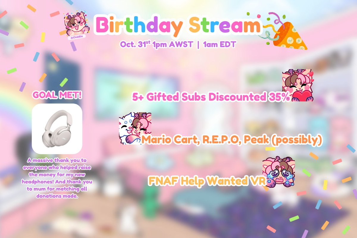🎂✨BIRTHDAY STREAM!✨🎂
Oct 31st 1pm AWST | 1am EDT

🎁 35% off 5+ Gifted Subs!
🧁Community Games!
🎊FNAF Help Wanted in VR

Hope to see you there!!