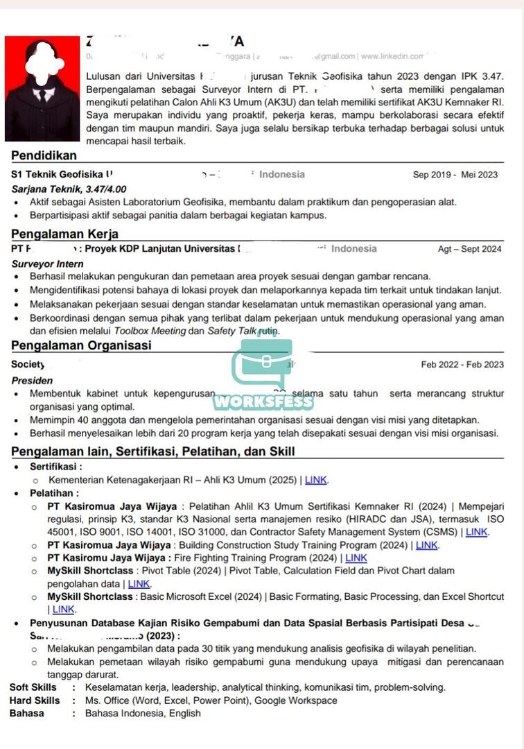 worksfess's tweet image. work! Halo temen-temen! boleh tolong bantu review CV aku ga ? Aku pengen melamar posisi HSE/Safety, dengan pengalamanku yg hanya itu kira kira bisa ga ya ? Tolong dikasih saran dong 🙏 terimakasih!