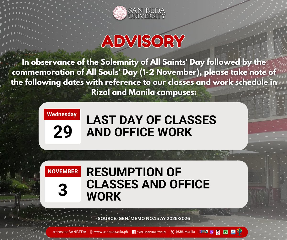 ADVISORY: Please be reminded of the following dates as we observe the Solemnity of All Saints' Day &amp; All Souls' Day.
Let this be a solemn opportunity for everyone together with our families to pray for the eternal repose of our faithful departed.
For your information and guidance
