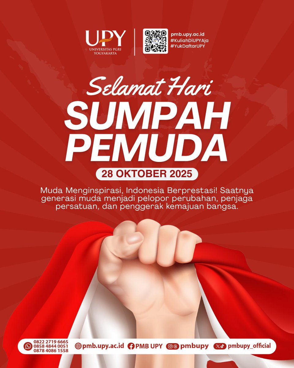 pmbUPY_Official's tweet image. Selamat Memperingati Hari Sumpah Pemuda 28 Oktober 2025 ✨🥳
&quot;Muda Menginspirasi, Indonesia Berprestasi!&quot; ✨

Teruskan semangat para pendahulu kita dengan karya dan prestasi. 🥇

#sumpahpemuda #2025 #pmbupy #upy #mudamenginspirasi #indonesiaberprestasi