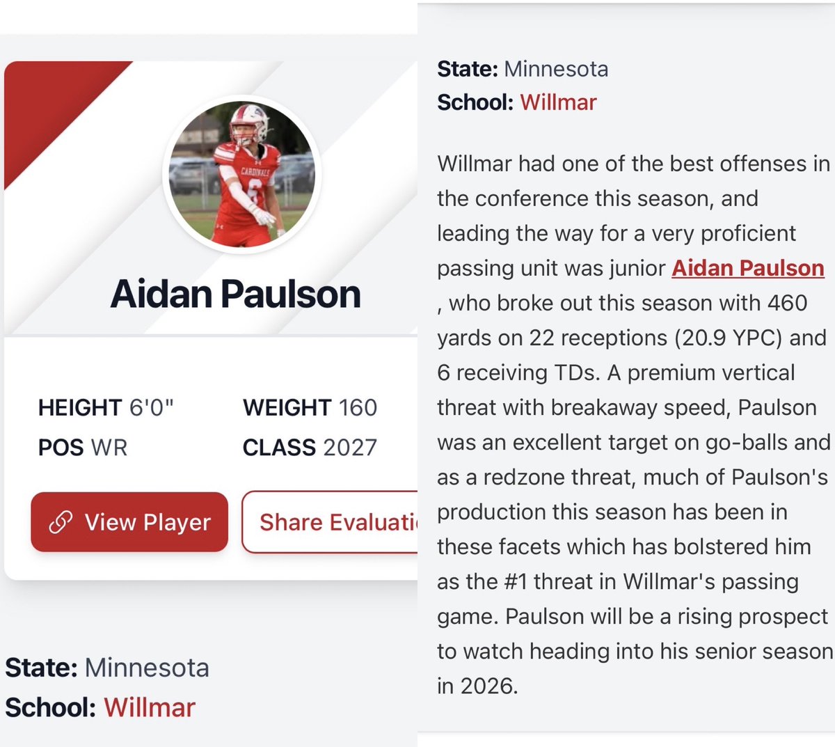 Aidan Paulson 2027 SS, RHP, WR tweet media