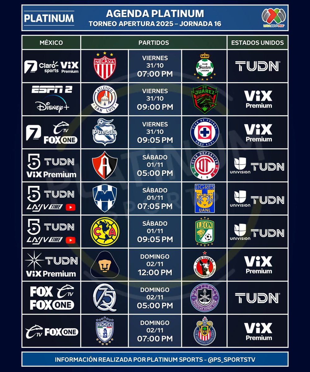 PlatinumSportMX's tweet image. ¡AGENDA DE LA JORNADA 16!

⚽️ #AgendaPLATINUM 
🇲🇽 #LigaBBVAMX Apertura 2025 - Jornada 16

➡️ 6 juegos disponibles en televisión abierta.
⏰📺 Horarios y transmisiones para México y Estados Unidos.
⚠️ Sujeto a cambios. 

#Apertura2025 - #Jornada16 - #LigaMX