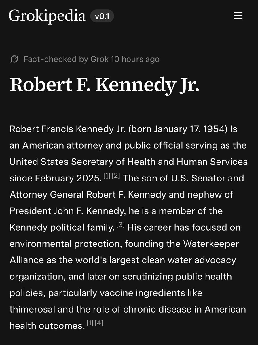Holy crap. Grokipedia doesn’t resort to calling RFK Jr an anti-vaxxer. It just gives you facts. Imagine that 🤯