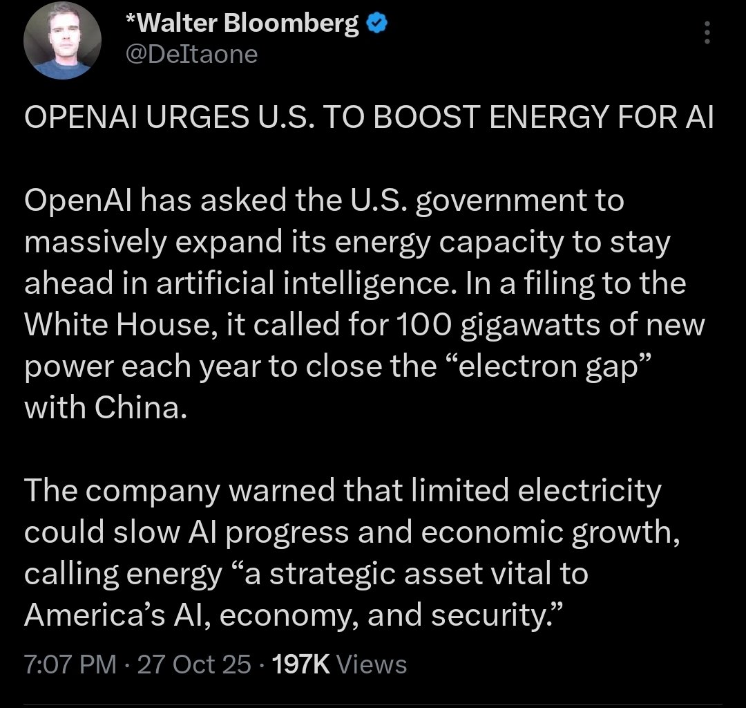 AlLouigi's tweet photo. The U.S. is sleepwalking into an energy crisis hidden in plain sight.

OpenAI is asking for 100 GW of new power per year, while U.S. data centers already outnumber the rest of the world combined — and are growing +400% since 2022.

Nobody’s watching the gigawatts.

The AI boom won’t be limited by chips, it’ll be limited by energy.

The only scalable answer: nuclear + SMRs + uranium fuel. ⚛️⚡

#AI #EnergyCrisis #Nuclear #SMR #Uranium #CleanEnergy #URA