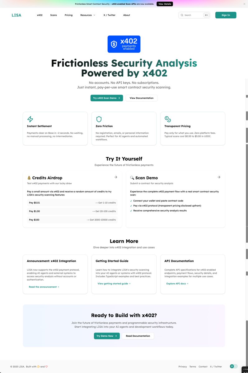AgentLISA_ai's tweet image. 🚨 BREAKING: AgentLISA + #x402 Protocol — Autonomous, Permissionless Smart Contract Security

INDUSTRY FIRST: AI agents and #DApps now secure smart contracts independently. No humans required.

🔓 The x402 Revolution:
The first payment protocol for Permissionless Agent…