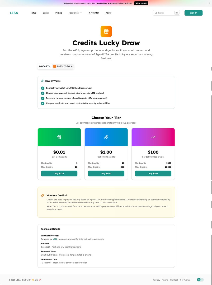 AgentLISA_ai's tweet image. 🚨 BREAKING: AgentLISA + #x402 Protocol — Autonomous, Permissionless Smart Contract Security

INDUSTRY FIRST: AI agents and #DApps now secure smart contracts independently. No humans required.

🔓 The x402 Revolution:
The first payment protocol for Permissionless Agent…