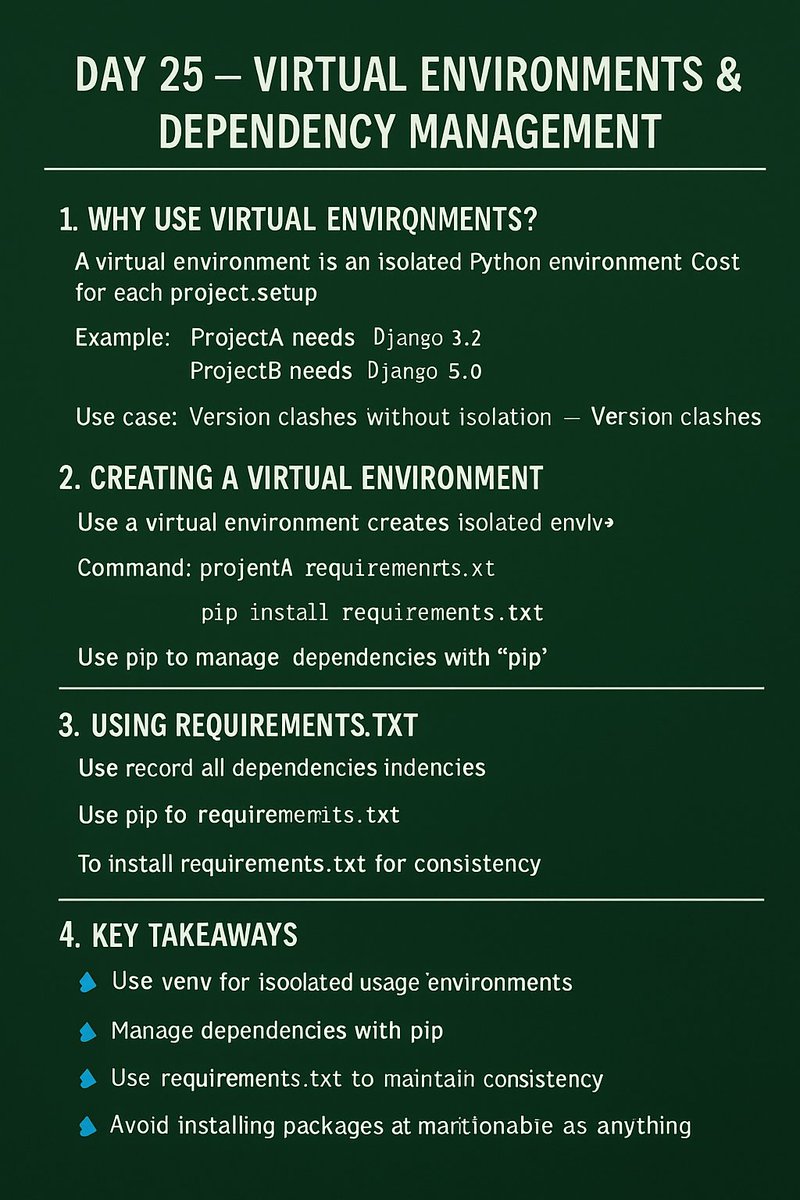 NivasChintu1's tweet image. Day 25 — Virtual Environments & Dependency Management in Python
Keep your projects isolated and clean using venv, pip, and requirements.txt.
A clean environment = smooth development.
#Python #LearnPython #100DaysOfCode #Programming