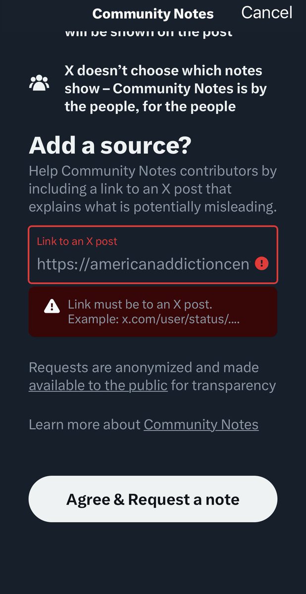 TheFlopFlip's tweet photo. Apparently X and Elon don’t care that they have made the entire community system bias: when requesting a note with a link to evidence proving a post incorrect, X only allows links to data existing on X. This lets X theoretically control valid references to fit their narrative. https://t.co/Ezx1WVFqQA