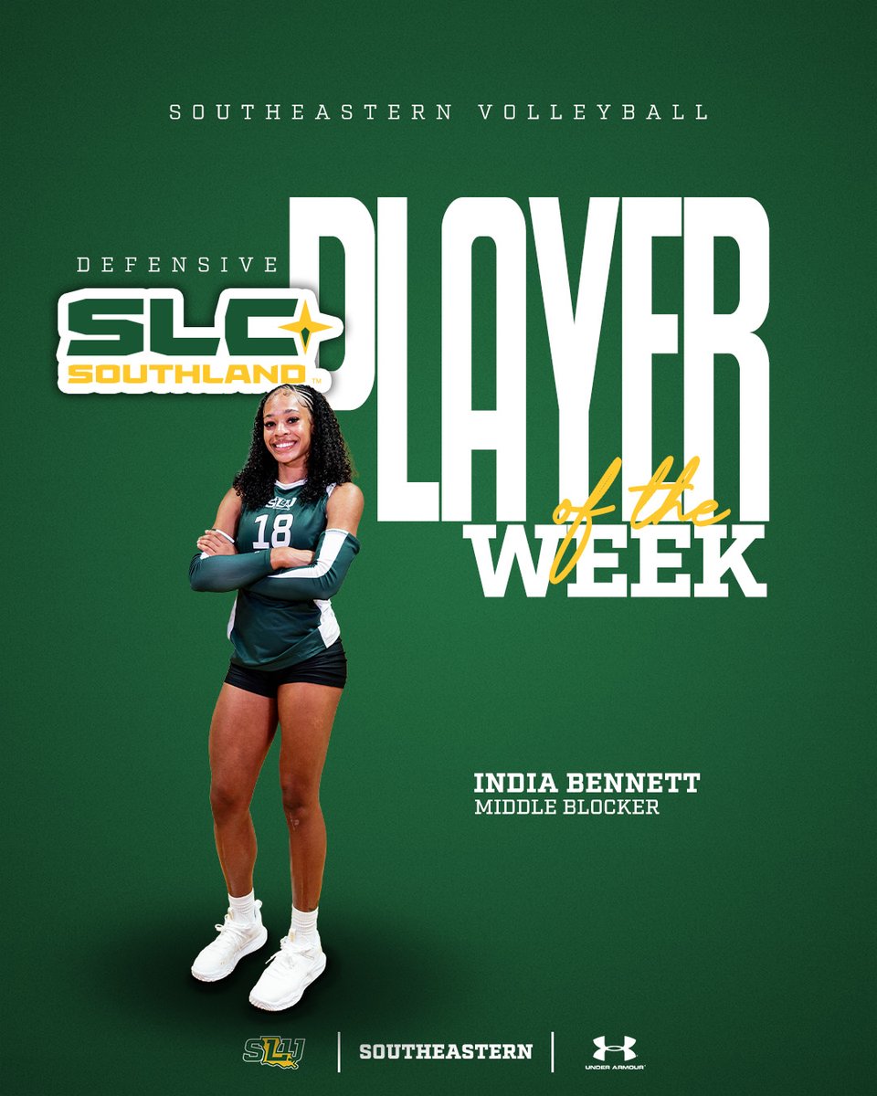Congratulations to India Bennett for being named <a href="/SouthlandSports/">Southland Conference</a> Defensive Player of the Week | Bennett averaged 2.00 blocks per set to go with 3.0 kills per set and a .412 hitting percentage in wins over HCU and UIW

#LionUp | #LionUpOrLeave