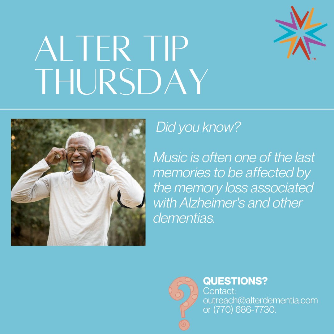 AlterDementia's tweet photo. 🎶 ALTER Tip Thursday 

Music is often one of the last memories affected by Alzheimer’s &amp; dementia. 

Familiar songs can spark joy, connection, &amp; conversation — proof that while memory fades, music often remains. 

To contact us:
📧 outreach@alterdementia.com
📞 (770) 686-7730 https://t.co/vZxN3iemU3